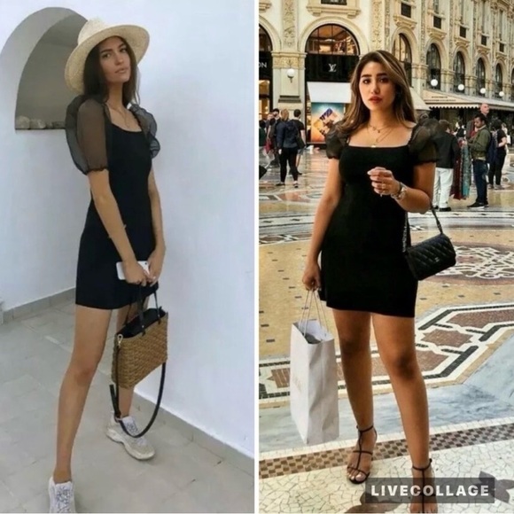 ZARA Black Sheer Puff Sleeve Bodycon Mini Dress Small Blogger Favorite - Picture 2 of 14